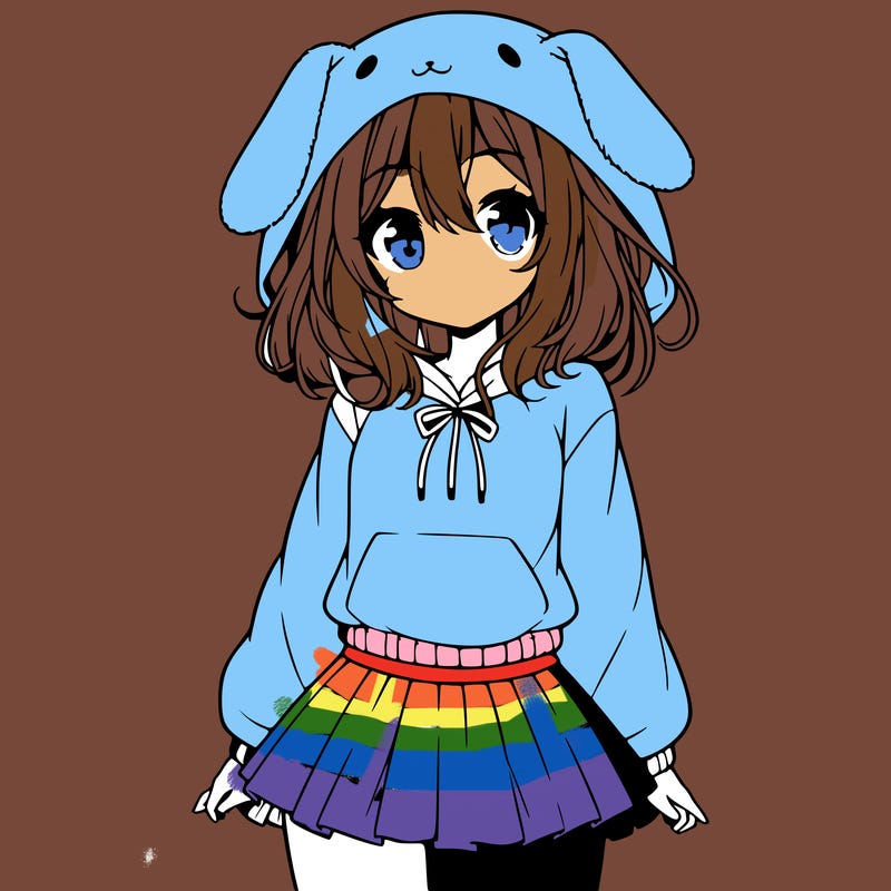 pretty anime girl wearing a fluffy hoodie with bunny ears on the hood and a skirt
