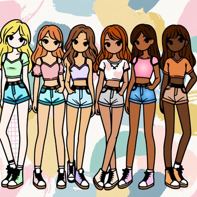 a group of girls wearing crop tops and shorts