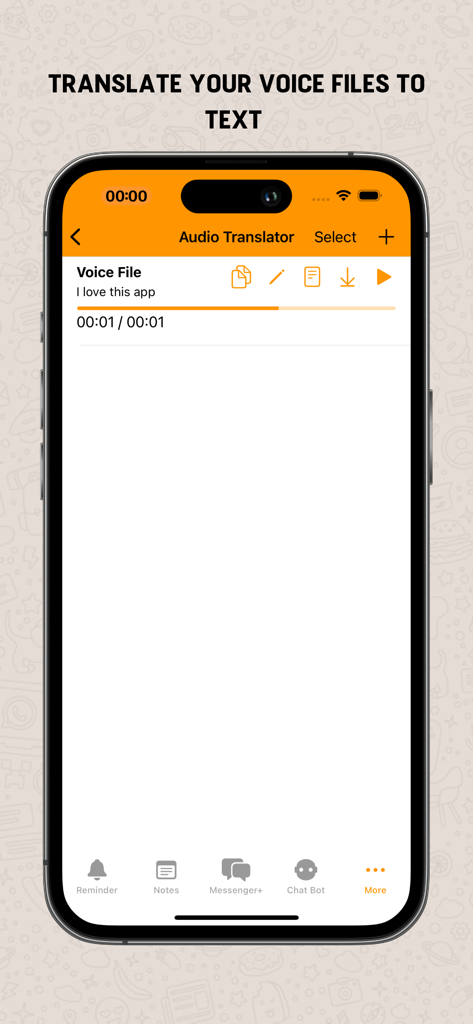 Dual Messenger+ - Screenshot of the Dual Messenger+ app showing the audio translator feature which converts voice files into text on an iPhone.