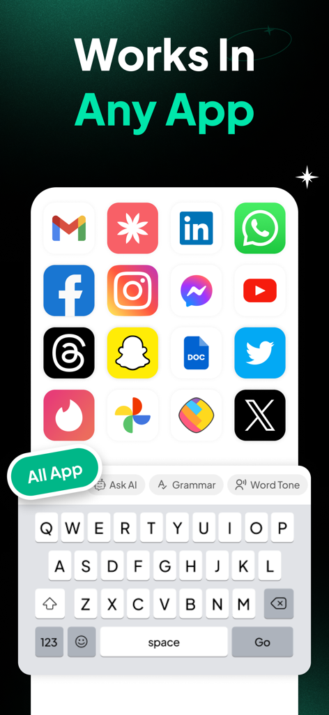 Interfaz del teclado de escritura IA TypeFix que muestra compatibilidad con varias aplicaciones como Gmail, WhatsApp e Instagram