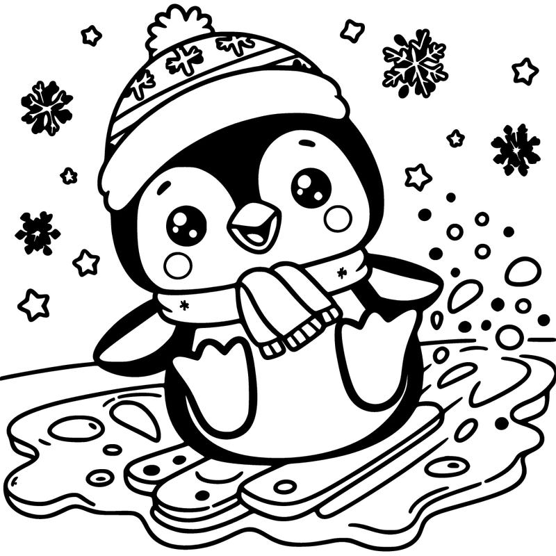 a cute penguin sliding on ice with snowflakes around.