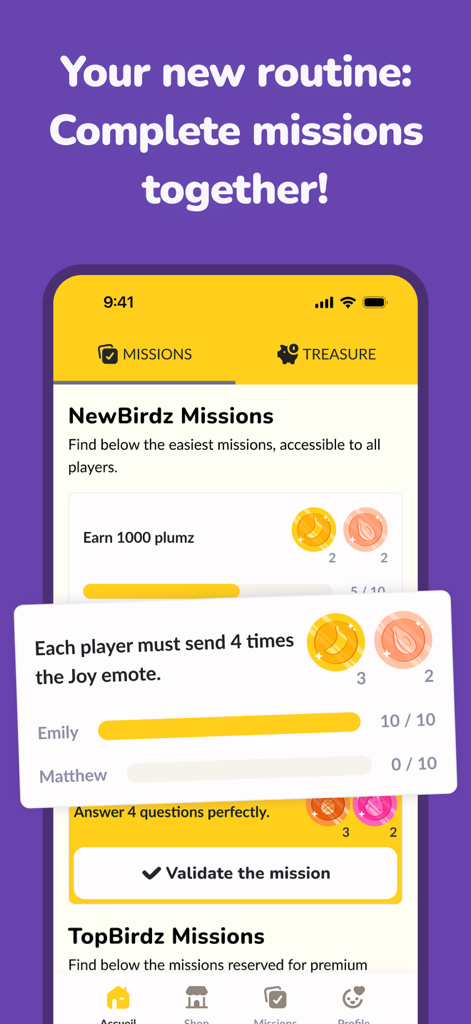 A screenshot of the LovBirdz app showing the missions interface where couples track their progress and rewards together.