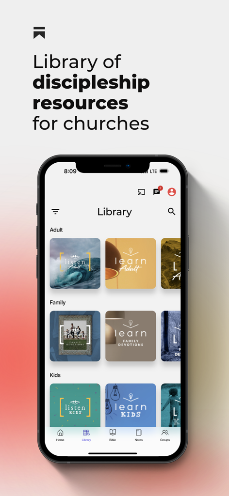 Bible Engagement Project app library showing discipleship resources for adults families and kids