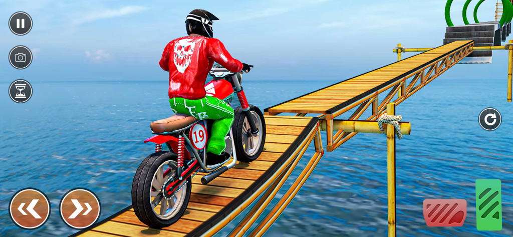 Real Stunt- Racing Bike Games - A rider on a dirt bike performs a stunt while crossing a narrow wooden bridge over the ocean in a 3D racing game
