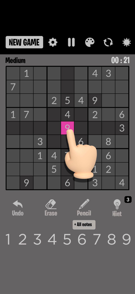 Sudoku Classic 2025 - Sudoku Classic 2025 mobile app interface showing a medium difficulty puzzle in dark mode with a hand selecting a number