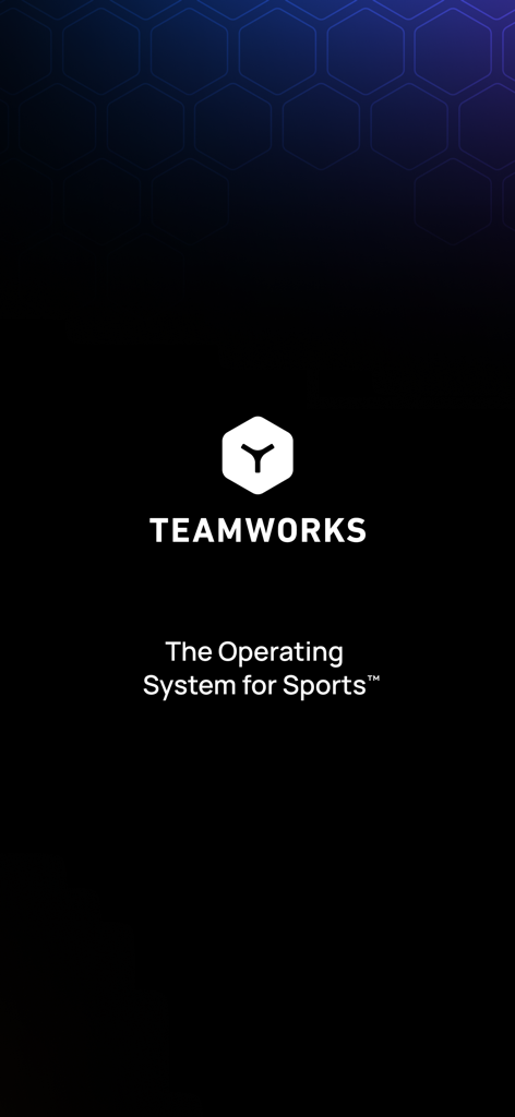 Teamworks app splash screen with logo and tagline The Operating System for Sports