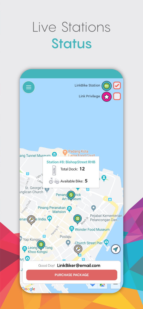 LinkBike V2 - LinkBike V2 app interface showing live bike station status and availability in George Town Penang