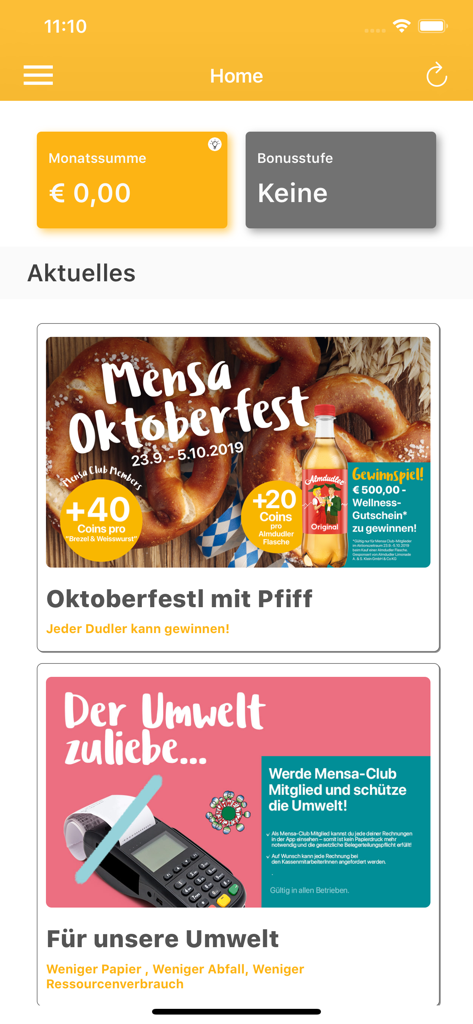 Mensa Club app dashboard showing monthly spending balance and campus news promotions