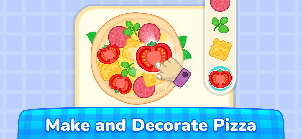 Kids Cooking: Toddler Games - Uno schermo digitale di un gioco per bambini in cui una mano sta posizionando una fetta di pomodoro su una pizza con vari condimenti