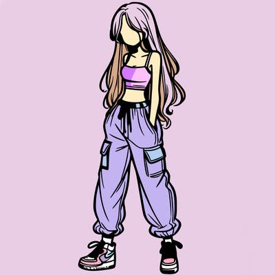 girl in baggy pants crop top and long hair