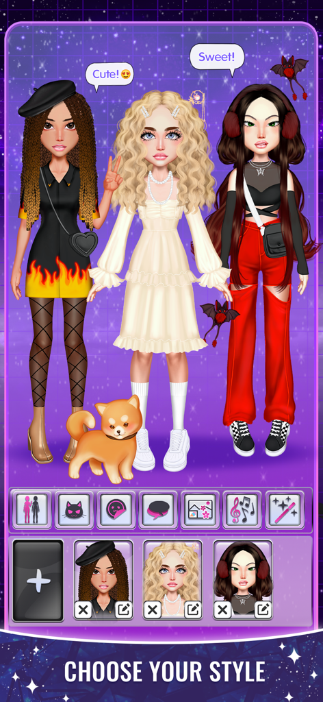 Forever Girls: Avatar Dress Up - Tres avatares de moda con diversos estilos, incluyendo un vestido de llamas, un vestido blanco escalonado y pantalones rojos recortados en la aplicación Forever Girls