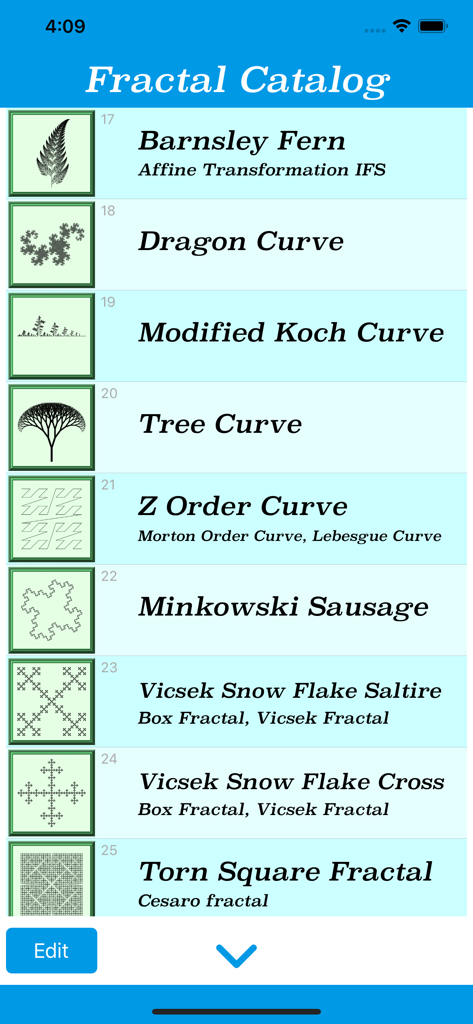 Fractal Catalog - Una lista de varios patrones fractales en la aplicación Catálogo Fractal, incluyendo el Helecho de Barnsley y la Curva del Dragón.