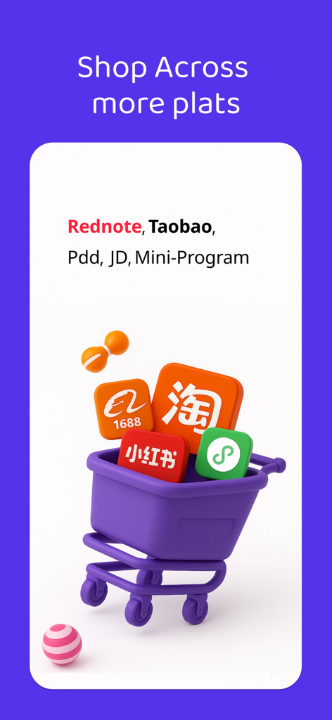 A 3D purple shopping cart filled with logos of Chinese marketplaces including Taobao and Rednote