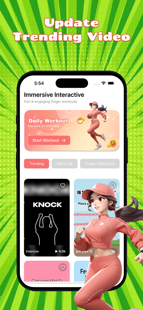 毎日のワークアウトバナーとトレンドのインタラクティブビデオコンテンツを特徴とする、指のワークアウト用のモバイルアプリインターフェース