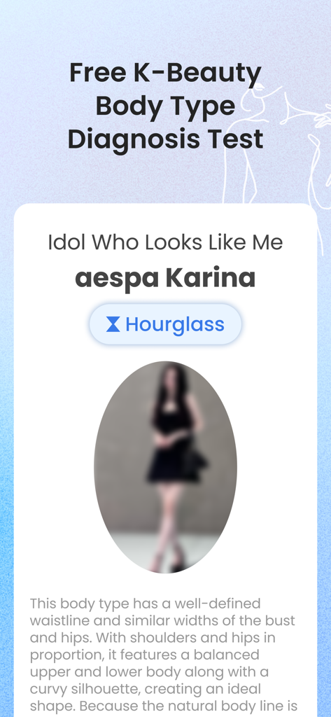 Seoul Beauty Lab: Face & Body - Seoul Beauty Lab app screen showing hourglass body type diagnosis results and celebrity match with aespa Karina