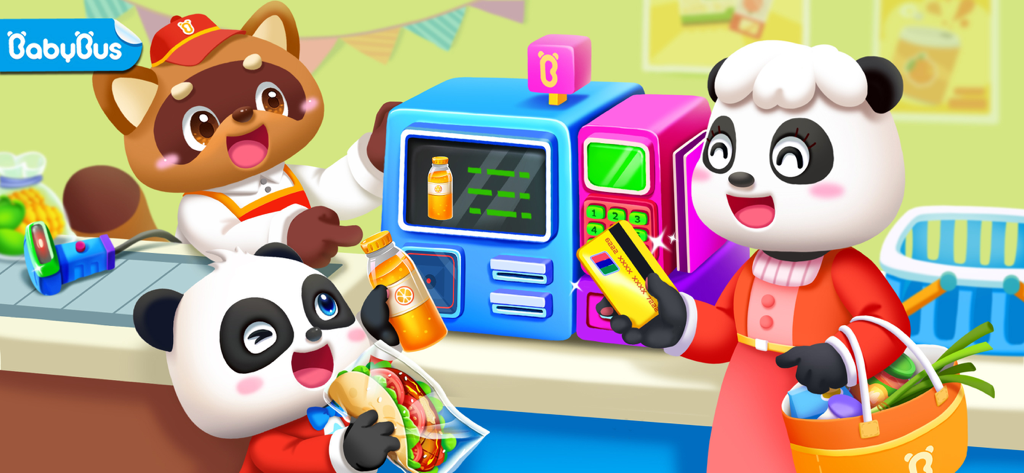 Um pequeno panda e sua mãe pagando as compras com um cartão de crédito em um balcão de caixa de supermercado gerenciado por um guaxinim caixa