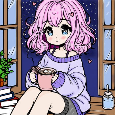 cute anime girl reading book and drinking hot chocolate from mug with loose wavy hair wearing a baggy sweatshirt and shorts sitting by windowsill looking out