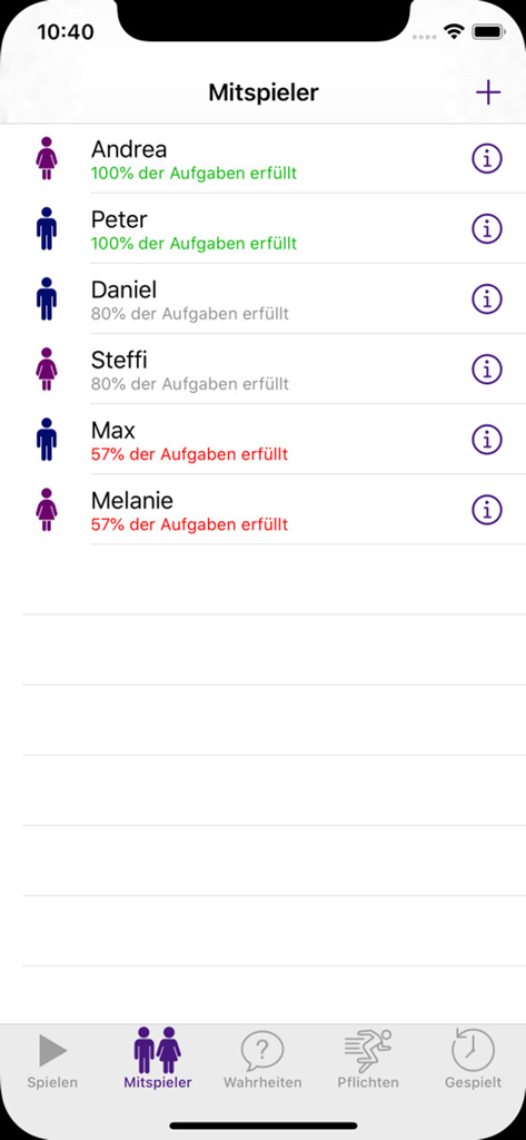 Interfaccia dell'app Verità o Sfida Sexy che mostra i nomi dei giocatori e le percentuali di completamento dei compiti.