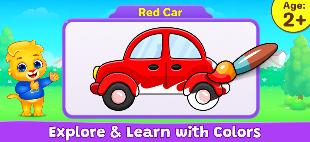 Colors & Shapes - Learn Color - Pantalla de juego educativo para niños pequeños que muestra una actividad de pintura digital donde se está coloreando un coche rojo.