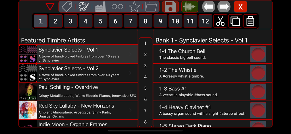 Synclavier Go app showing the preset sound library and featured artist collections