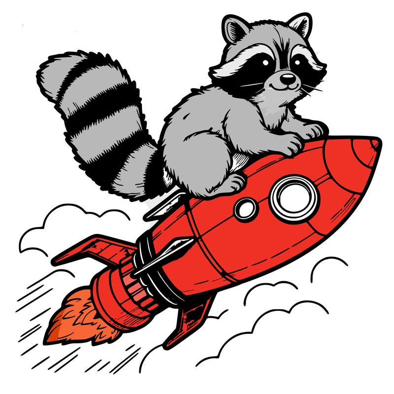 realistic raccoon flying on top rocket ship