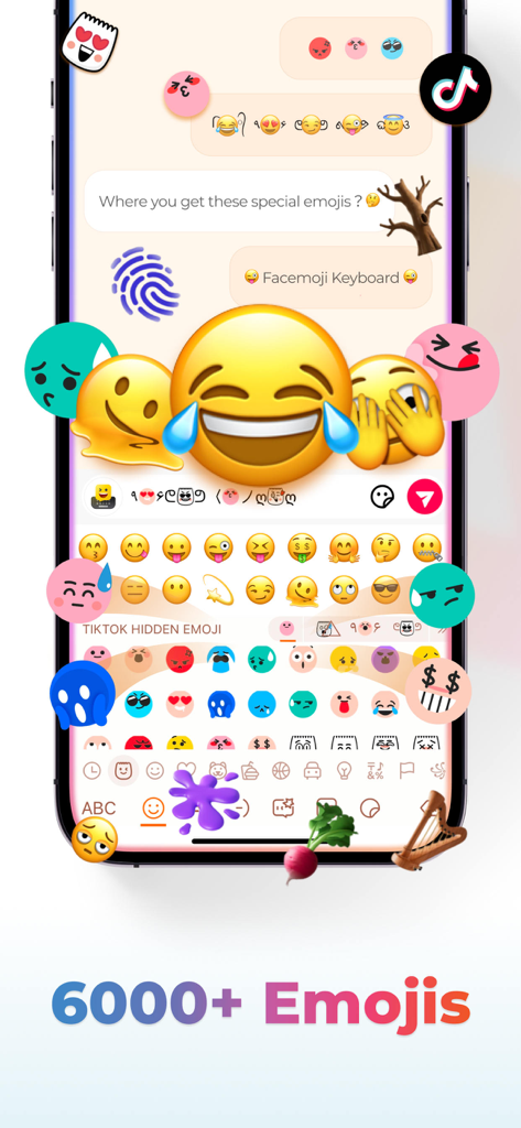 Smartphone screen displaying the Facemoji keyboard with a large variety of over 6000 emojis and stickers