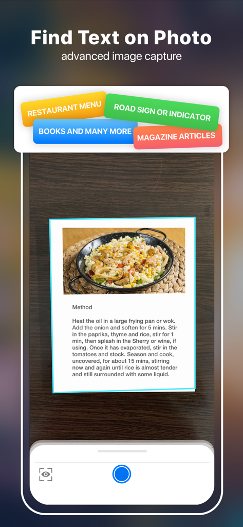 テキスト認識タグ（レストランメニュー、雑誌記事など）を備えたレシピの高度な画像キャプチャを示すモバイルアプリインターフェース。