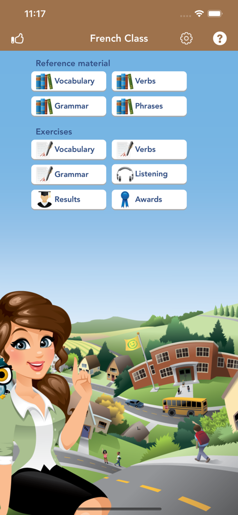 French Class - Main menu interface of the French Class language learning app showing study categories and exercises.