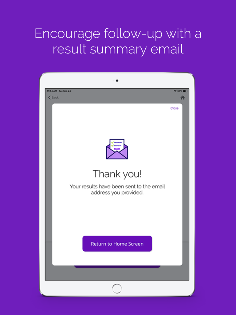 iPad screen displaying a thank you message and confirmation that hearing test results were sent to the participant's email address