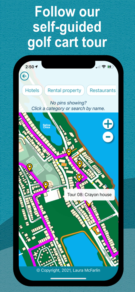 MapChick's Isla Mujeres - A map screen from the MapChick Isla Mujeres app showing a self-guided golf cart tour route and locations