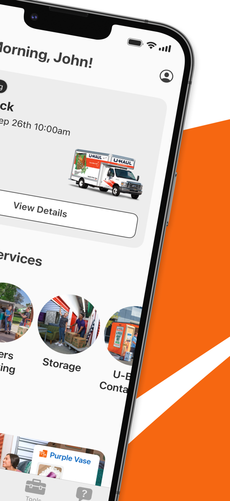 U-Haul app interface showing a truck rental reservation and moving services like storage