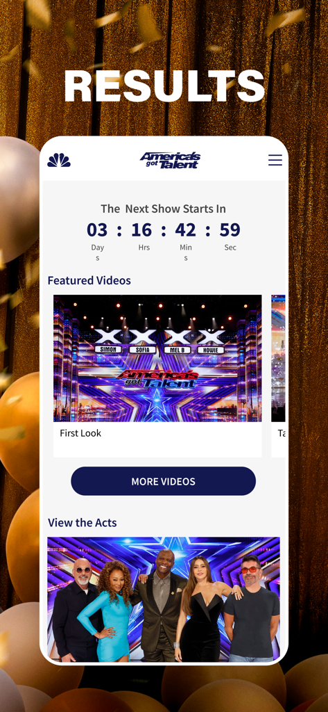 Interface do aplicativo America's Got Talent exibindo uma contagem regressiva para o próximo show e clipes de vídeo em destaque.