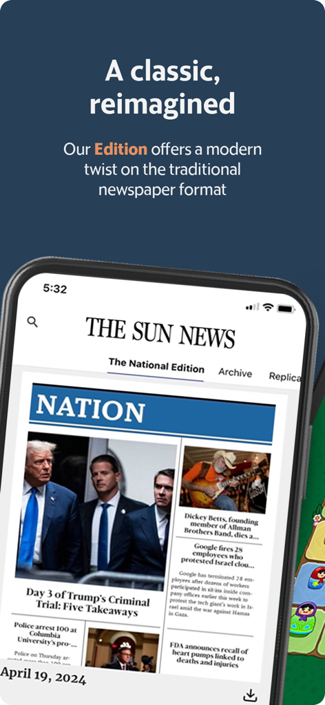 Smartphone displaying The Sun News digital edition with a traditional newspaper layout