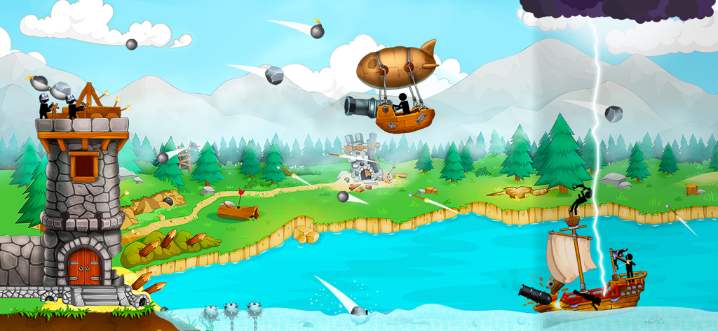 The Catapult: stick man game - Stickman defending a stone tower with a catapult against enemy airships and pirate ships in a physics-based landscape.