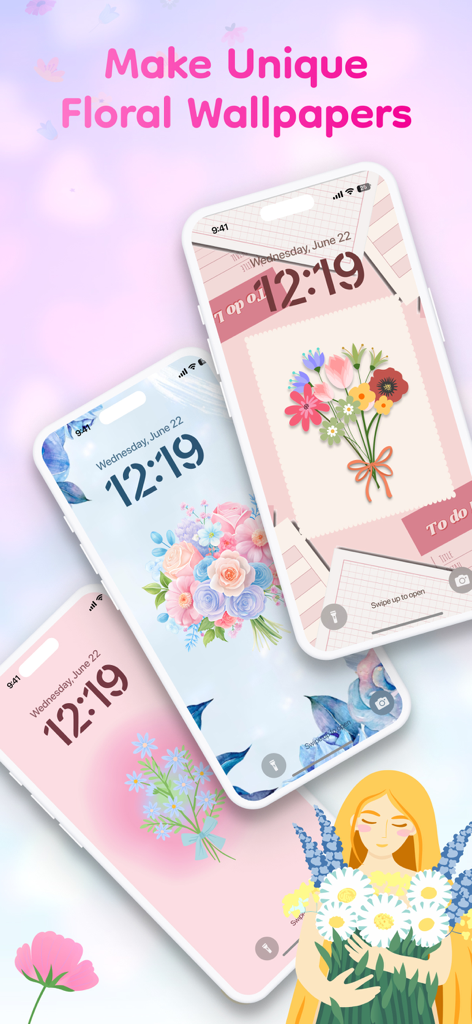 3つのiPhoneがおしゃれなソフトスタイルで、それぞれ異なるパーソナライズされた花のロック画面の壁紙を表示
