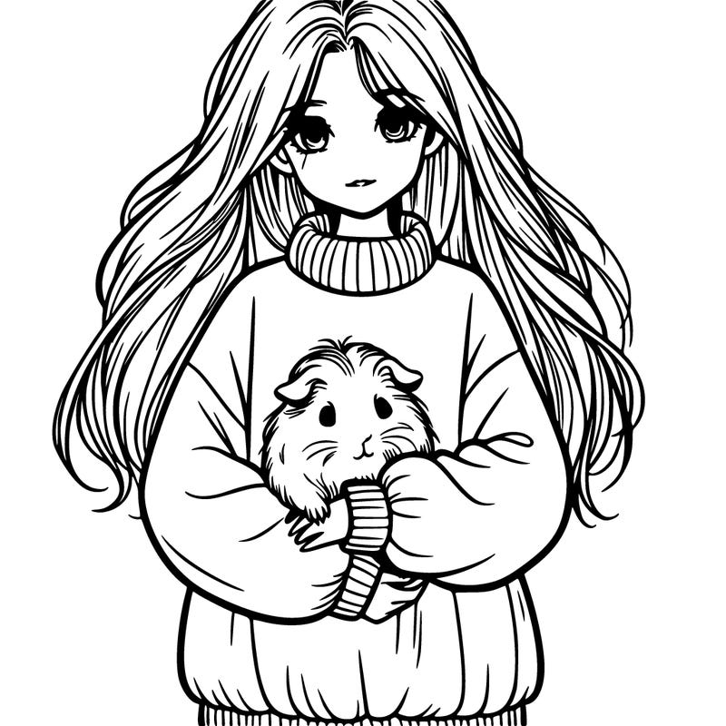 girl with long hair wearing a oversize jumper holding a guinea pig