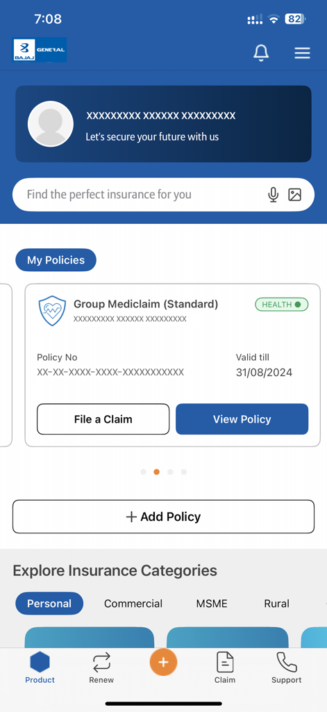 Mobile app dashboard for Bajaj General insurance showing policy management and claim options