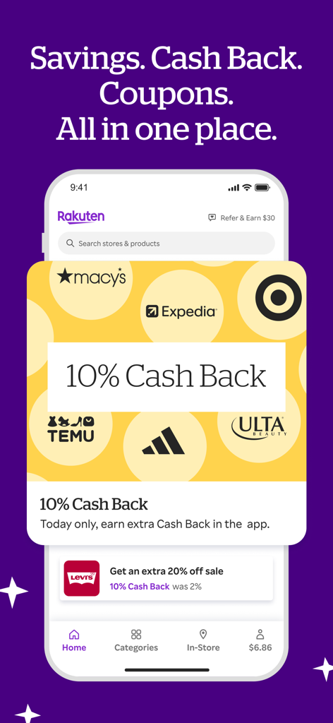 Rakuten: Cash Back & Deals - Startbildschirm der Rakuten-App mit Logos von Einzelhandelsmarken und einem Angebot von zehn Prozent Cash Back.