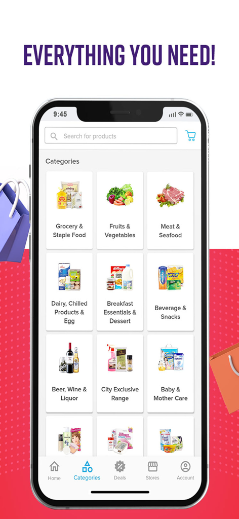 City Mall Online - Die Benutzeroberfläche der City Mall Online App zeigt Lebensmittelkategorien wie Obst, Gemüse und Fleisch an