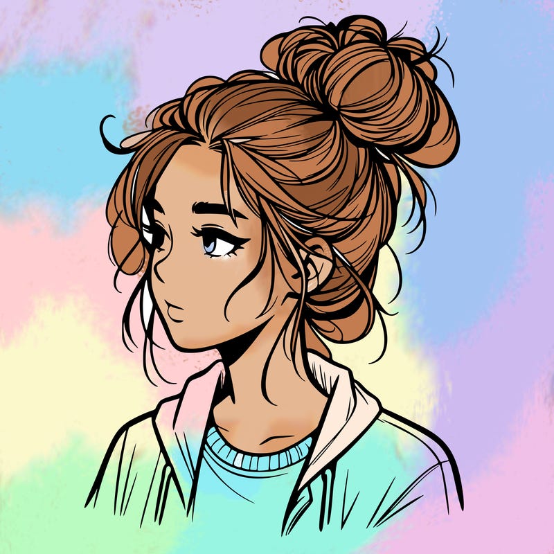 realistic teenage girl with a messy bun