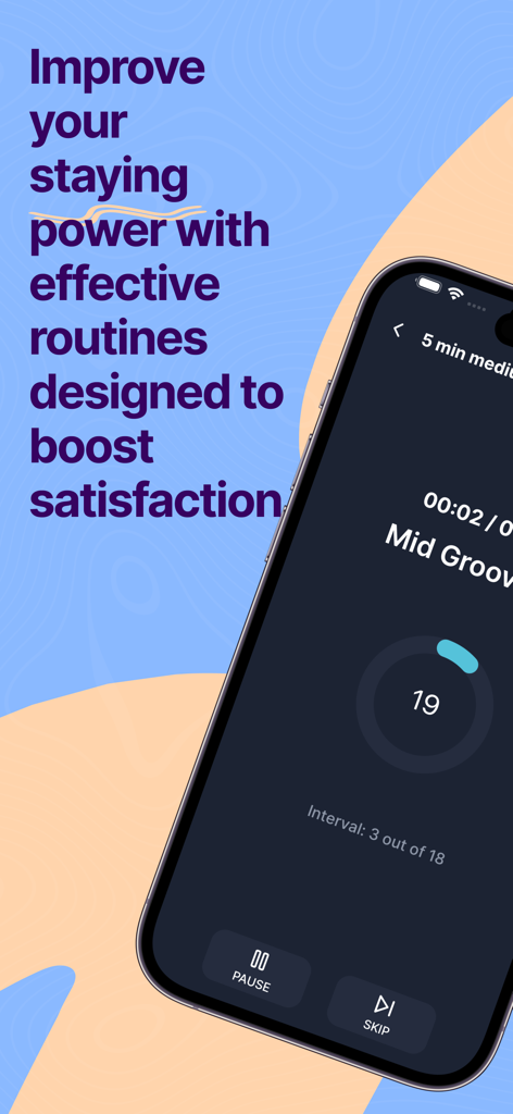 Last Longer - In Bed - A smartphone screen displaying the Last Longer app's sexual stamina routine interface with a dark UI, featuring an interval timer, progress circle, and control buttons.