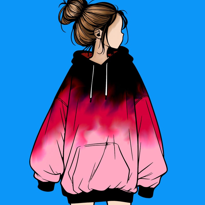realistic girl with a oversized sweatshirt on and a bun