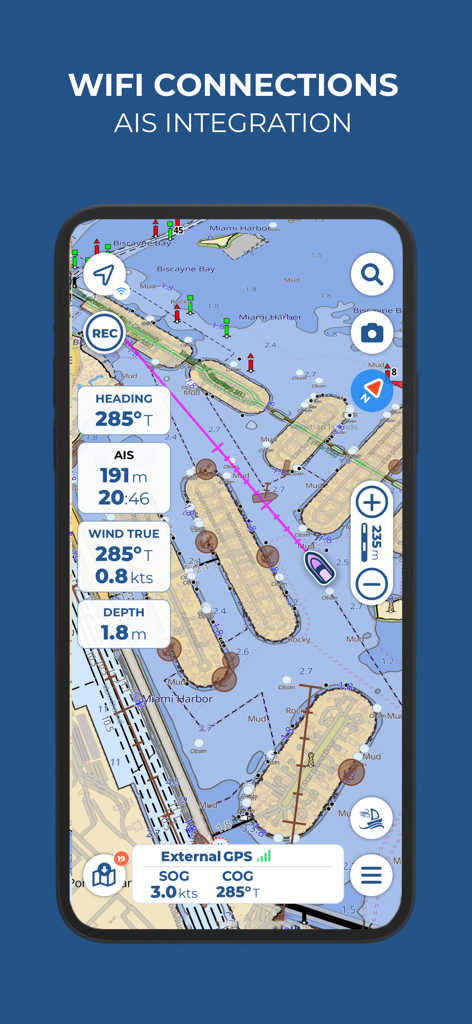 Aqua Map Boating - Aqua Map Boating app interface showing AIS integration and real-time maritime navigation data