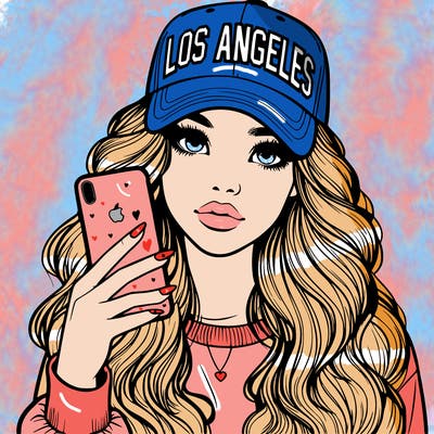 realistic beautiful girl wearing los ángeles cap holding an iphone