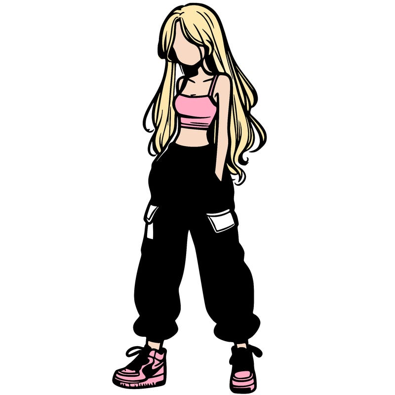 girl in baggy pants crop top and long hair