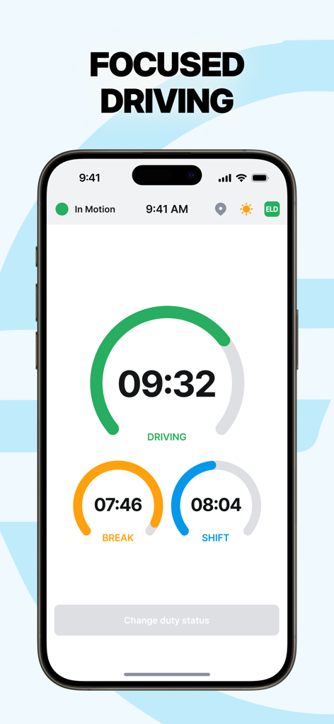 Interfaz de EVO ELD que muestra los temporizadores de conducción, descanso y turno para conductores de camiones