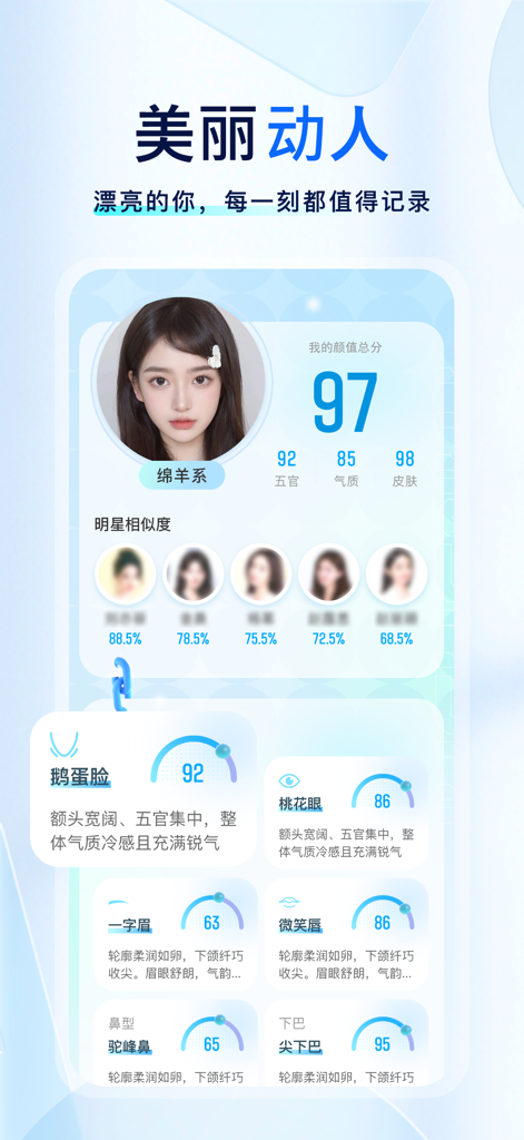 颜大师-AI脸型分析|明星脸匹配|专属变美方案 - AI facial analysis report interface showing a beauty score of 97 and celebrity matching percentages
