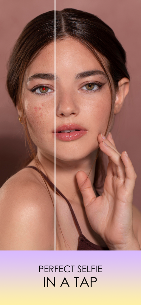 Before and after comparison of a woman face showing skin smoothing and eye enhancement using Visage airbrush photo maker