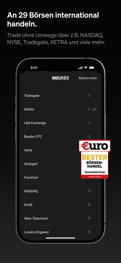 SMARTBROKER+ Aktien & ETF - Pantalla de la aplicación Smartbroker plus que muestra una lista de 29 bolsas de valores internacionales, incluidas NASDAQ y XETRA.