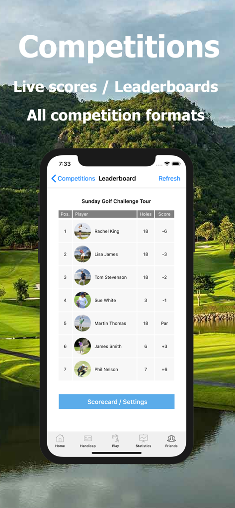 Golf Handicap - Online Golf - A mobile app screen showing a live golf competition leaderboard with player rankings and scores over a golf course background.
